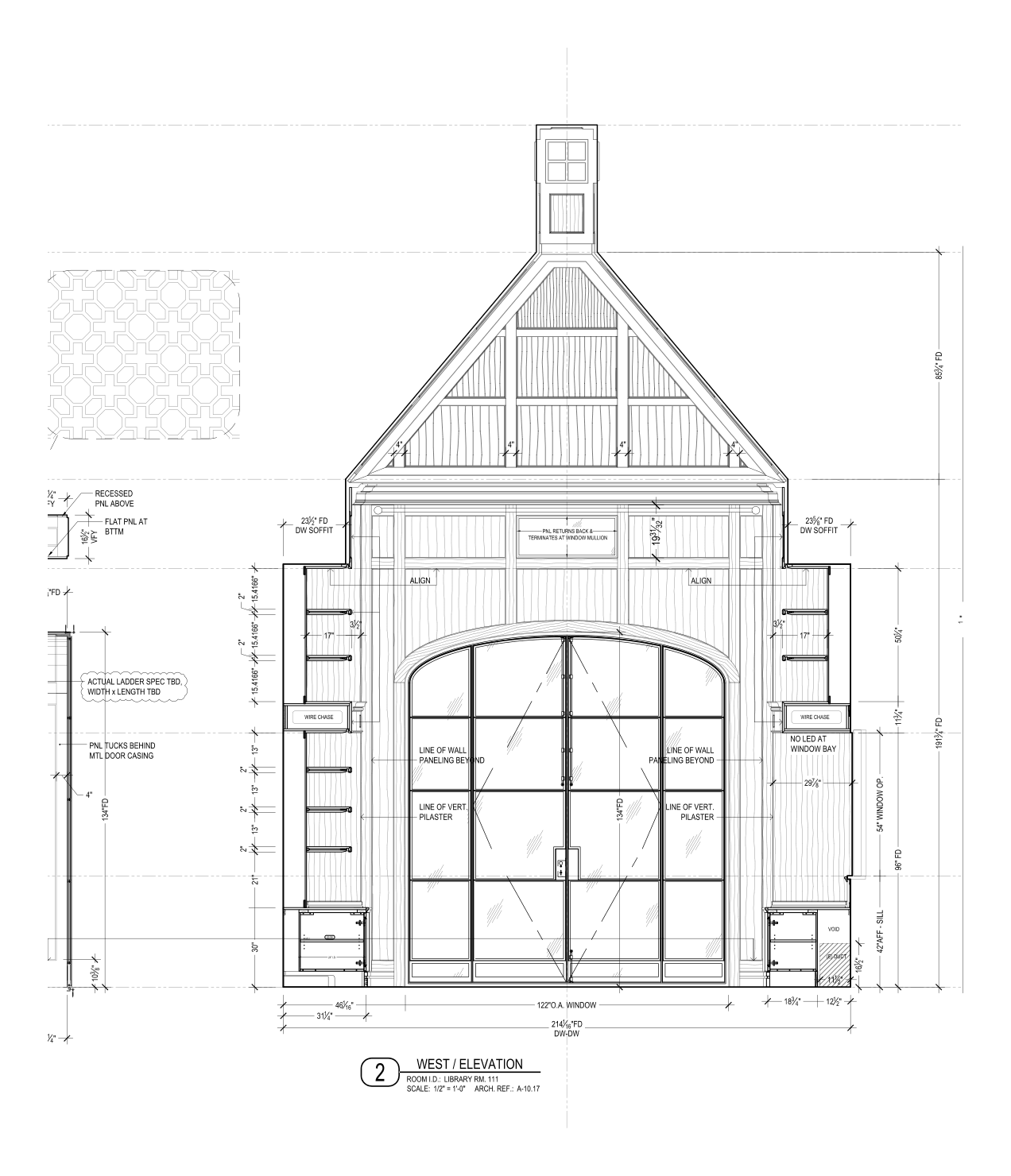 A Miller shop drawing: the west elevation of a library, with its arched window and gable